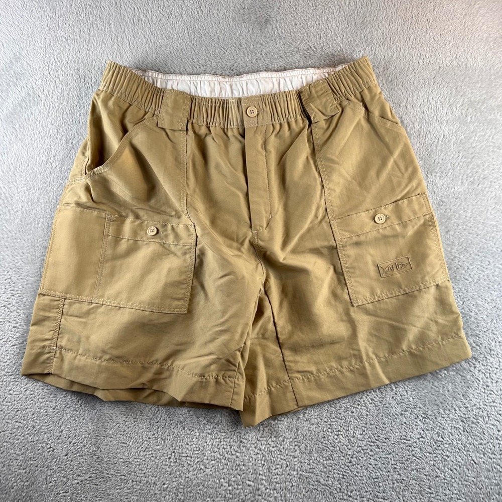 AFTCO Mens Fishing Shorts Tan Khaki Nylon Elastic Waist Cargo Pockets Size 36